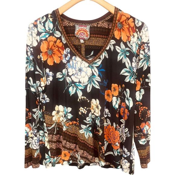 Johnny Was Tops - JOHNNY WAS Golden Spring Favorite Long Slv V-neck Swing Tee Bamboo Top